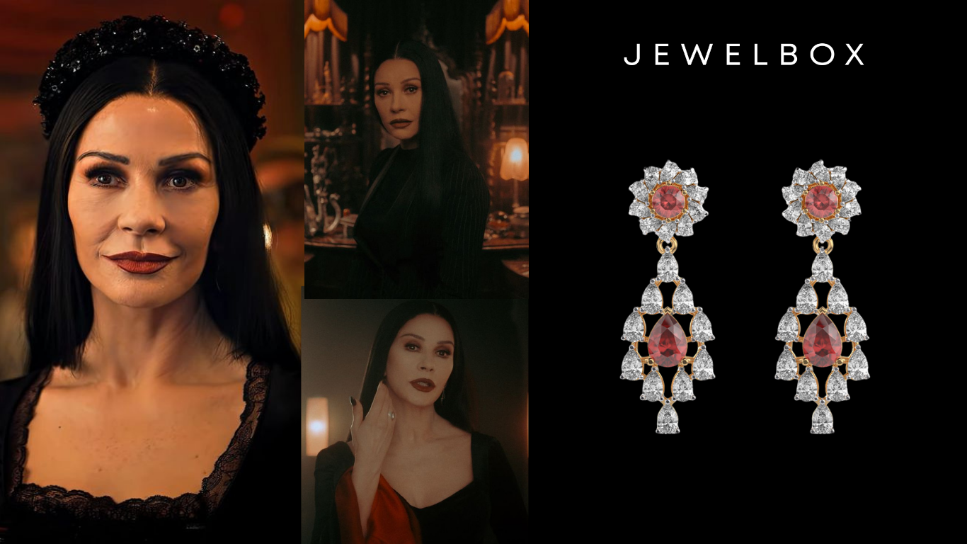 Top 5 Hauntingly Glamorous Morticia Addams Halloween Edit 6 Haunting Oriental Fashion For Halloween As Morticia ft Red Stone Jharokha Diamond Dangler Earrings